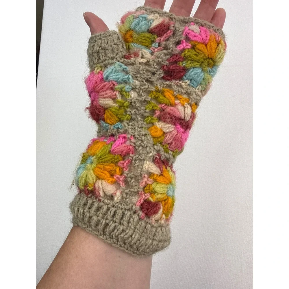 Crochet Fingerless Gloves Womens Multicolor 100% Wool Boho Rainbow